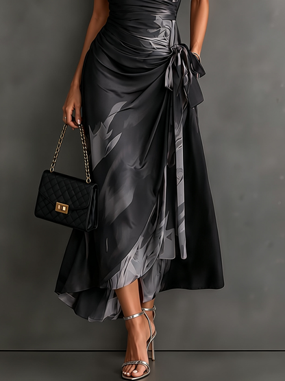 Stylish Abstract Print Wrap Midi Dress for Women with Collared V Neck Short Sleeve Satin Draped Style