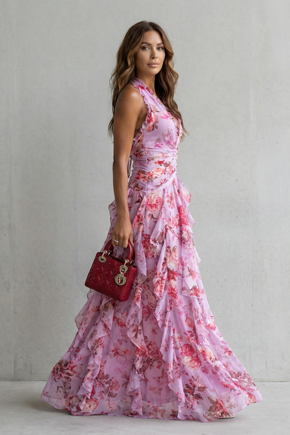 Elegant Floral Cocktail Dress for Women with Halter V Neck Ruffle Tiered Maxi Formal Style