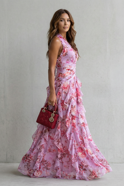 Elegant Floral Cocktail Dress for Women with Halter V Neck Ruffle Tiered Maxi Formal Style