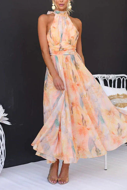 Elegant Multicolor Watercolor Floral Maxi Dress for Women with Halter Neck Sleeveless Ruched Flowing Style