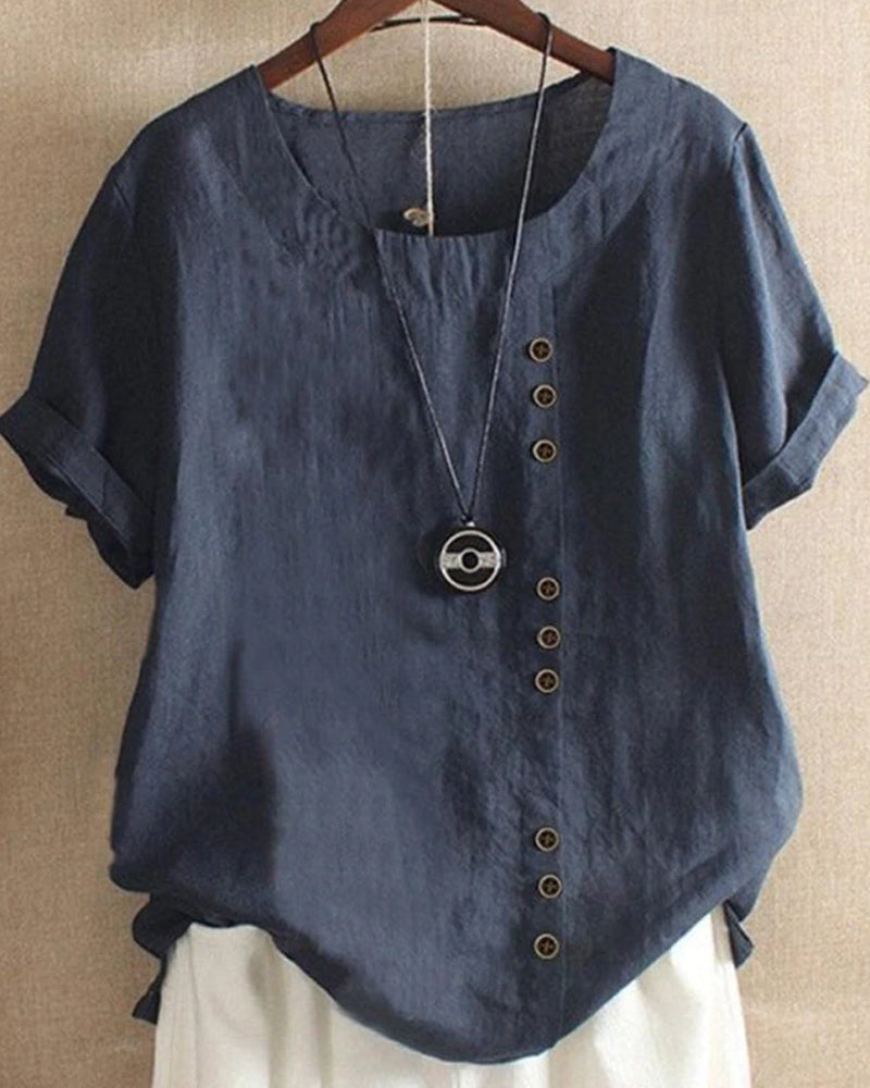Effortless Linen Blouse for Women with Round Neck Short Sleeve Button Placket Relaxed Style