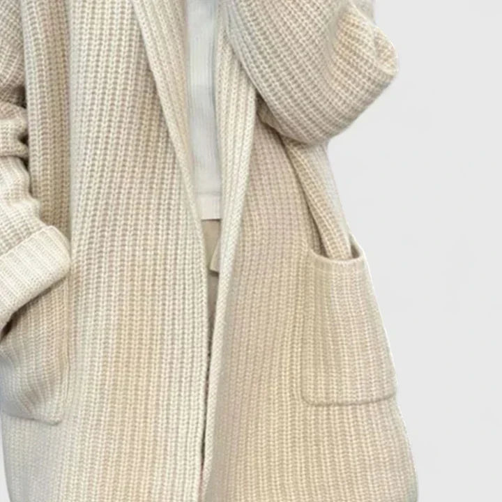 Warm Cream Long Cardigan for Women with Open Front Chunky Knit Pockets Easy Style