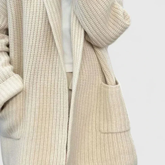 Warm Cream Long Cardigan for Women with Open Front Chunky Knit Pockets Easy Style