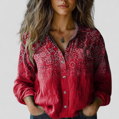 Effortless Patchwork Floral Blouse for Women with Collar Long Sleeve Button Front Bohemian Style