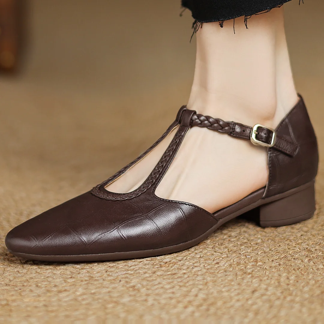 Elegant Croc Print Leather T-Strap Flats for Women with Braided Strap Pointed Toe Block Heel Style