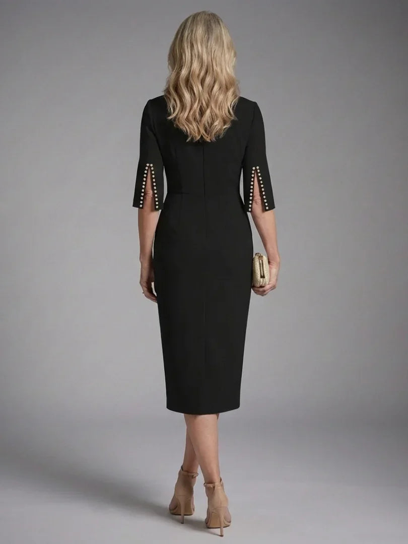 Elegant Pearl Embellished Sheath Midi Dress for Women with Boat Neck Split Sleeve Bodycon Cocktail Style