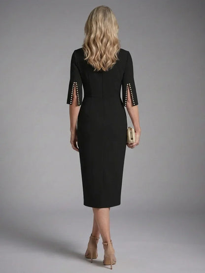 Elegant Pearl Embellished Sheath Midi Dress for Women with Boat Neck Split Sleeve Bodycon Cocktail Style