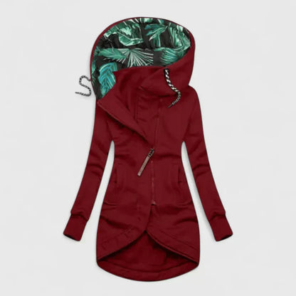 Comfortable Tropical Print Hoodie Jacket for Women with High Neck Long Sleeve Drawstring Hood Asymmetrical Hem Casual Style
