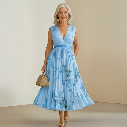 Effortless Watercolor Floral Midi Dress for Women with V Neck Sleeveless Pleated Belted Flowing Style