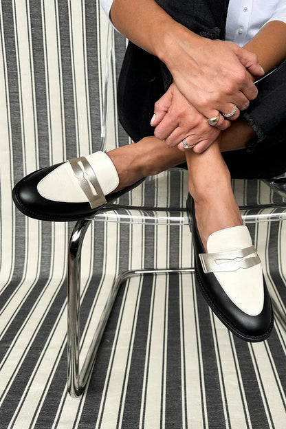 Elegant Black and White Leather Loafer for Women with Silver Buckle Pointed Toe Block Heel Style