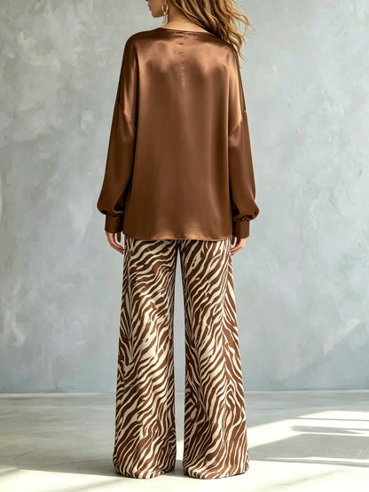 Chic Brown Satin Two Piece Set for Women with V Neck Top Zebra Print Relaxed Leg Pants Standout Style