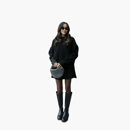 Stylish Black Knit Two Piece Set for Women with Round Neck Sweater High Waist Mini Skirt Loungewear Style