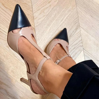 Stylish Beige Leather Pump for Women with Pointed Toe T Strap Stiletto Heel Style