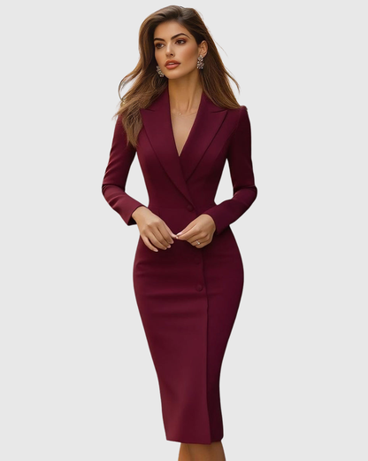 Elegant Tailored Blazer Dress for Women with Lapel Collar Long Sleeve Button Front Bodycon Midi Style
