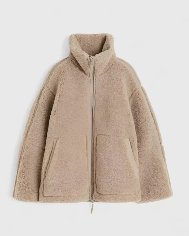 Comfortable Beige Sherpa Jacket for Women with High Neck Long Sleeve Oversized Relaxed Style