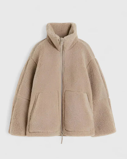 Comfortable Beige Sherpa Jacket for Women with High Neck Long Sleeve Oversized Relaxed Style