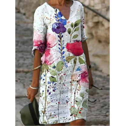 Effortless Linen Midi Dress for Women with V Neck Elbow Sleeve Relaxed Shift Casual Style
