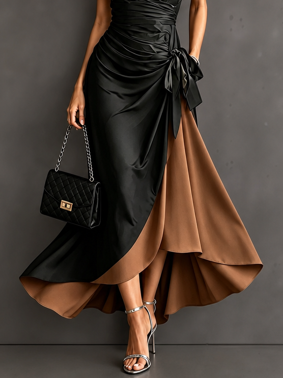 Effortless Color Block Wrap Maxi Dress for Women with Collared Neck Short Sleeve Cinched Tie Asymmetric Hem Style