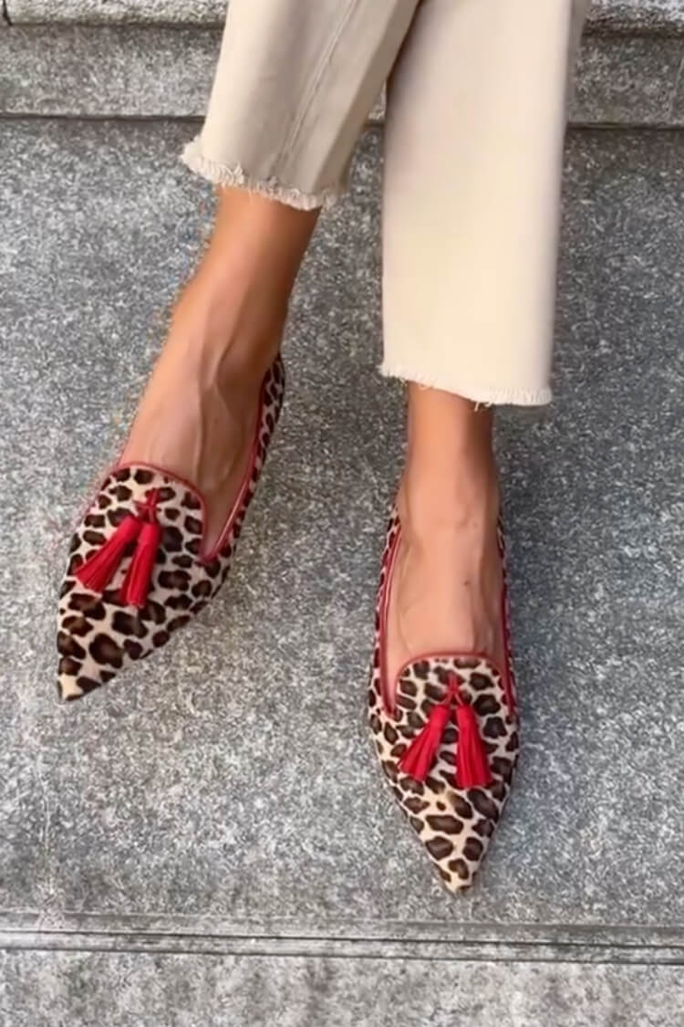 Elegant Leopard Print Tassel Loafer Mule for Women with Pointed Toe Red Trim Slip On Style