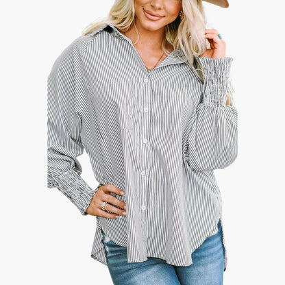 Effortless Striped Oversized Shirt for Women with Collar Long Sleeve Smocked Cuff Relaxed Style