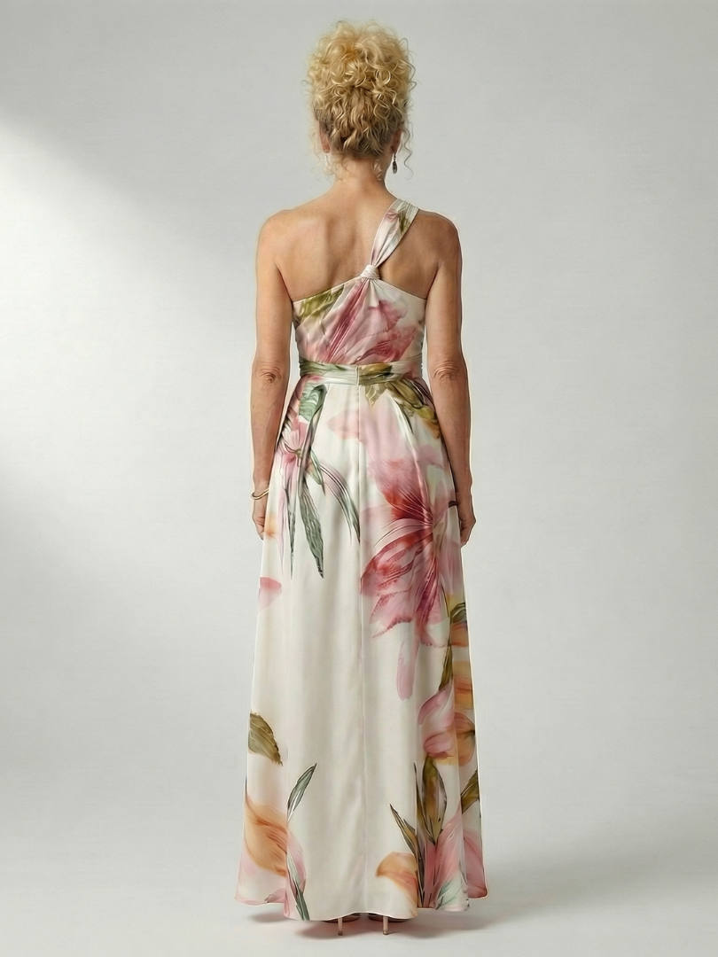 Elegant Floral Cocktail Dress for Women with One Shoulder Halter Sash Waist Flowing Maxi Style