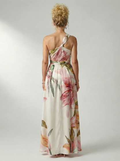 Elegant Floral Cocktail Dress for Women with One Shoulder Halter Sash Waist Flowing Maxi Style