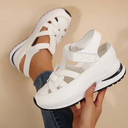 Effortless Woven Wedge Sneaker Sandal for Women with Velcro Strap Closed Toe Chunky Sole Casual Style