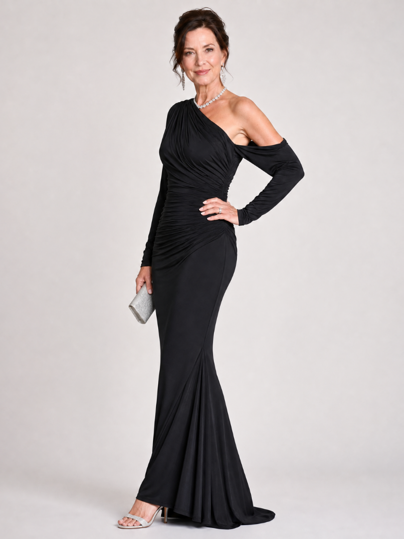 Elegant Black Maxi Dress for Women with One Shoulder Long Sleeve Ruched Mermaid Formal Style