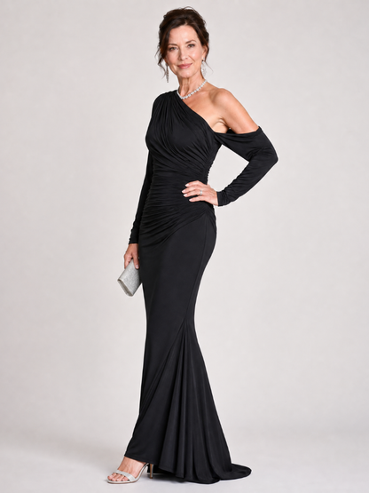 Elegant Black Maxi Dress for Women with One Shoulder Long Sleeve Ruched Mermaid Formal Style