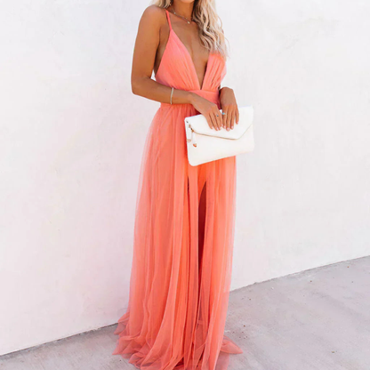 Elegant Coral Tulle Cocktail Dress for Women with Plunging V Neck Spaghetti Strap Open Back Flowing Style
