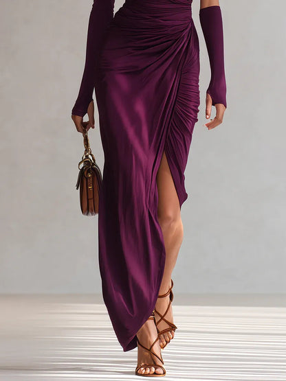 Elegant Purple Satin Cocktail Dress for Women with One Shoulder Long Sleeve Ruched High Slit Formal Party Style