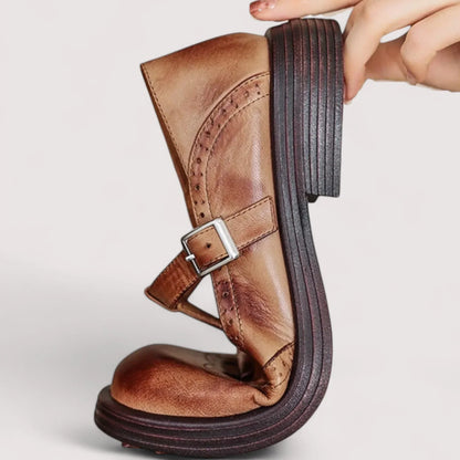Comfortable Leather Mary Jane Shoes for Women with T Strap Buckle Wingtip Brogue Block Heel Style