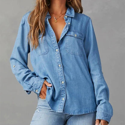 Effortless Chambray Denim Shirt for Women with Collar Long Sleeve Button Front Relaxed Casual Style