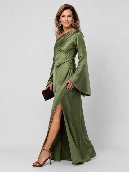 Elegant Green Satin Maxi Dress for Women with One Shoulder Bell Sleeve Draped High Slit Formal Wedding Guest Style