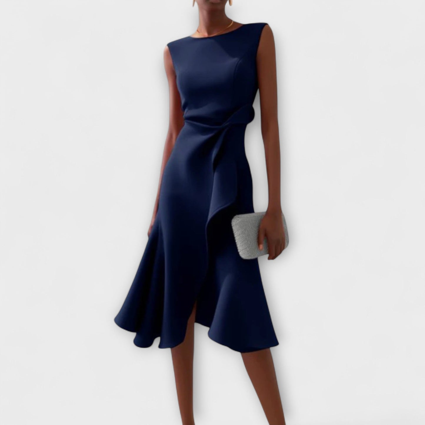Elegant Draped Cocktail Dress for Women with Boat Neck Sleeveless Ruffle Hem Formal Party Style