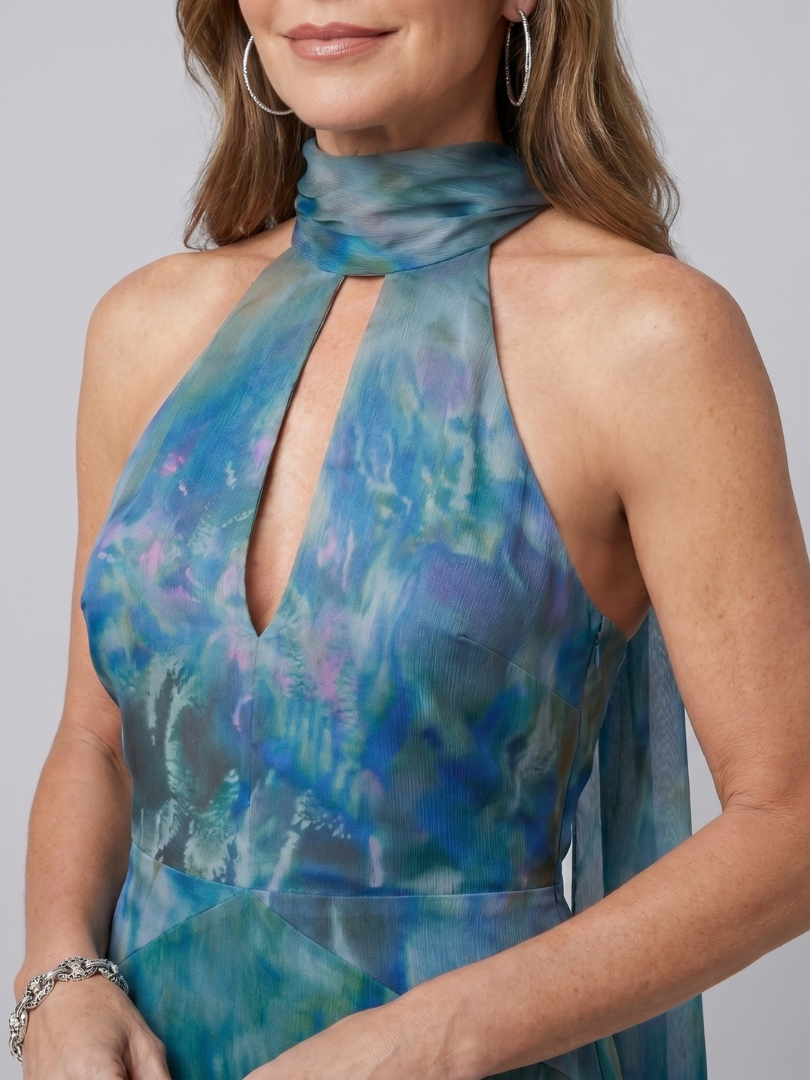 Elegant Blue Watercolor Chiffon Cocktail Dress for Women with Halter Neck Keyhole Scarf Wrap Formal Wedding Guest Style