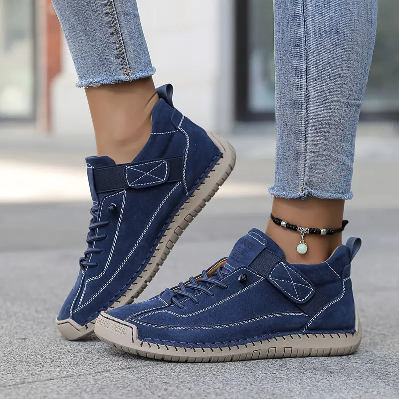 Comfortable Leather Sneakers for Women with Lace Up Velcro Strap Hand Stitched Casual Style