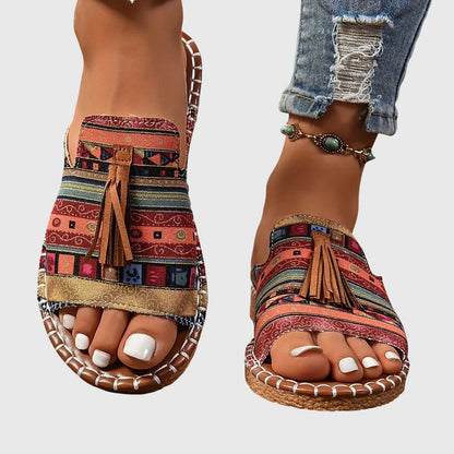 Effortless Tribal Print Toe Ring Sandal for Women with Tassel Flat Boho Style