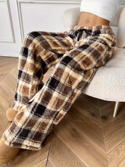 Cozy Plaid Fleece Sweatpants for Women with Elastic Drawstring Wide Leg Plush Loungewear Style