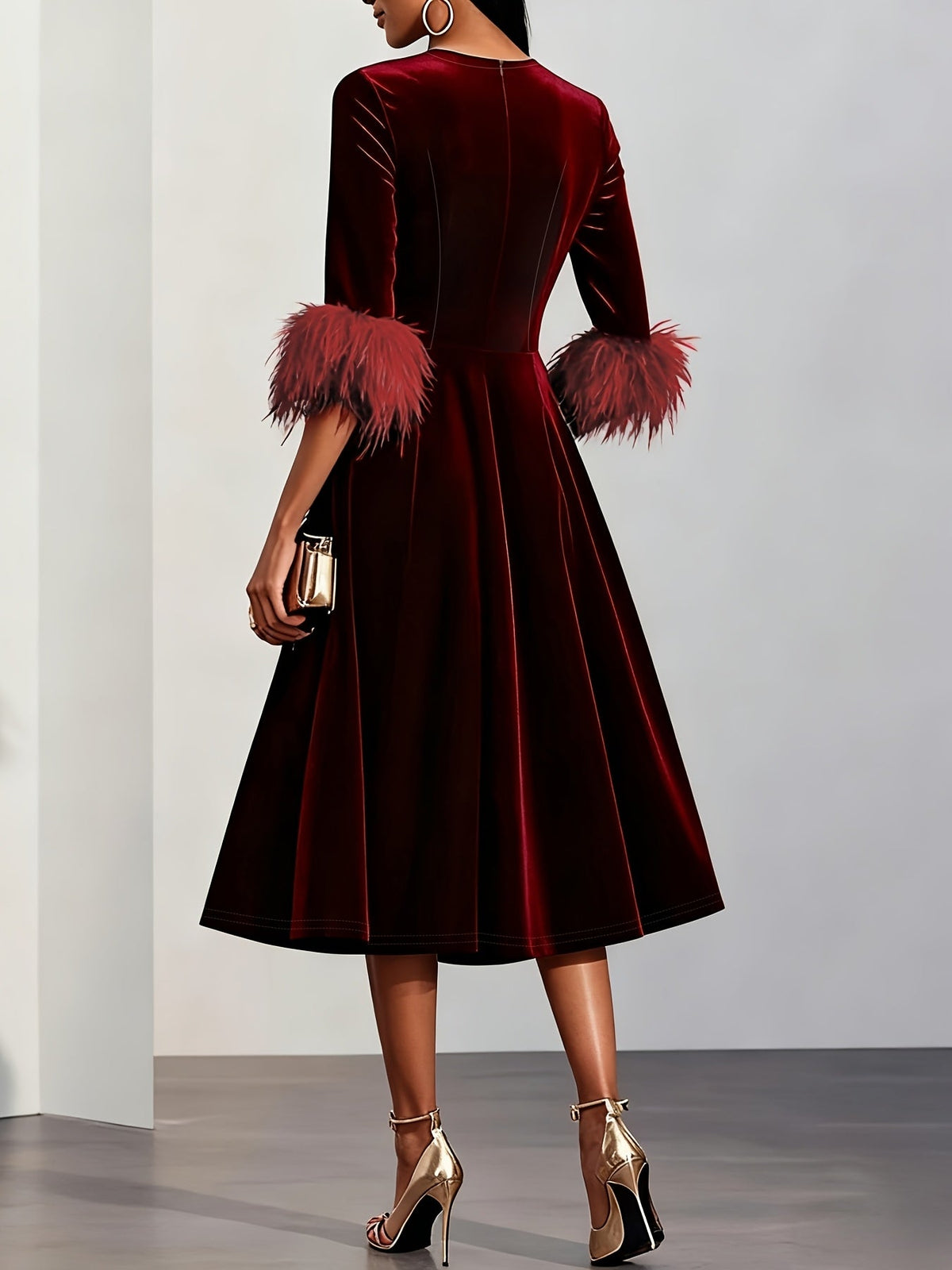 Effortless Velvet Semi Formal Dress for Women with Round Neck Feather Trim Sleeve Flared Midi Occasion Style
