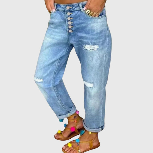 Effortless Blue Distressed Jeans for Women with High Waist Button Fly Cuffed Relaxed Style