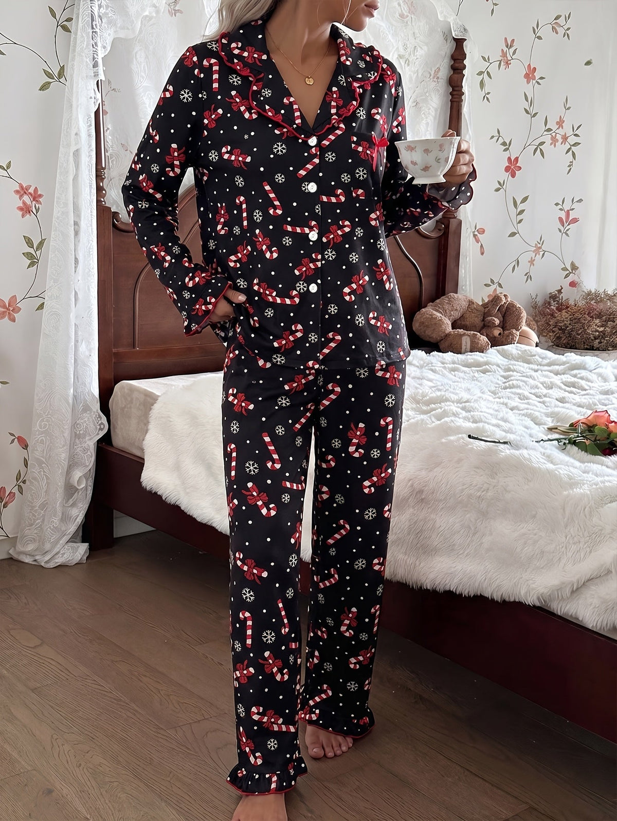 Warm Black Candy Cane Print Christmas Pajamas for Women with Notched Collar Long Sleeve Ruffle Trim Easy Style