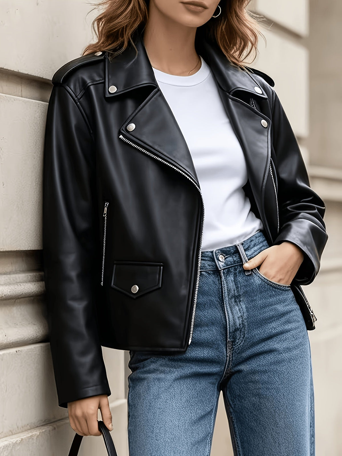Bold Black Faux Leather Moto Jacket for Women with Notched Lapel Asymmetrical Zip Ribbed Biker Style