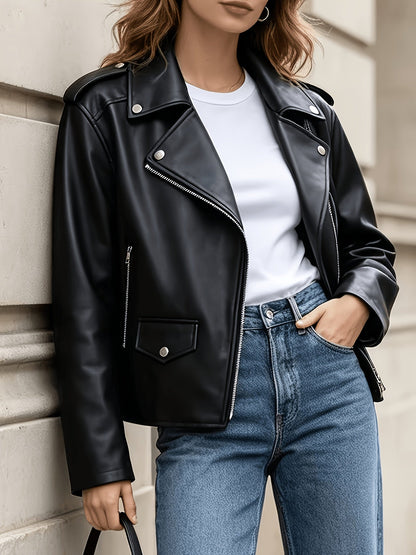 Bold Black Faux Leather Moto Jacket for Women with Notched Lapel Asymmetrical Zip Ribbed Biker Style
