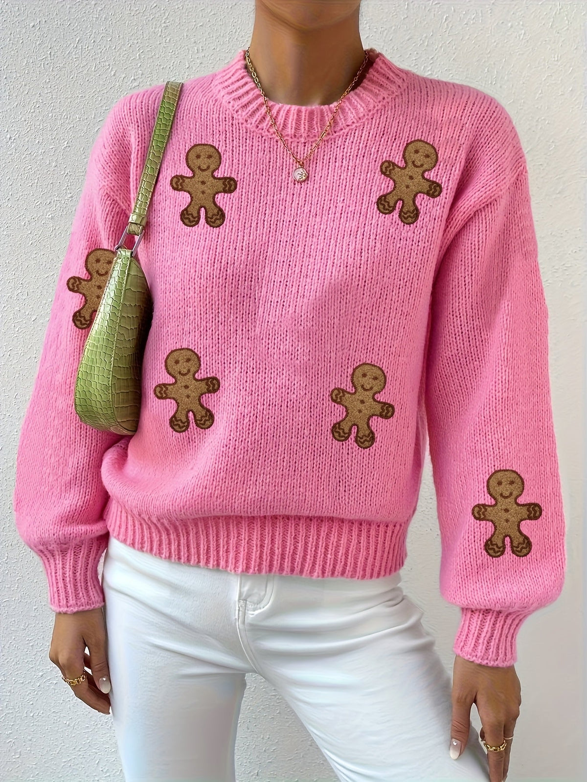 Warm Pink Gingerbread Christmas Tacky Sweater for Women with Round Neck Long Sleeve Knit Pullover Festive Style