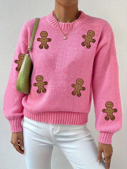 Warm Pink Gingerbread Christmas Tacky Sweater for Women with Round Neck Long Sleeve Knit Pullover Festive Style