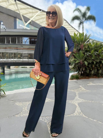 Elegant Blue Chiffon Wide Leg Set for Women with Round Neck Elbow Sleeve Tiered Two Piece Style