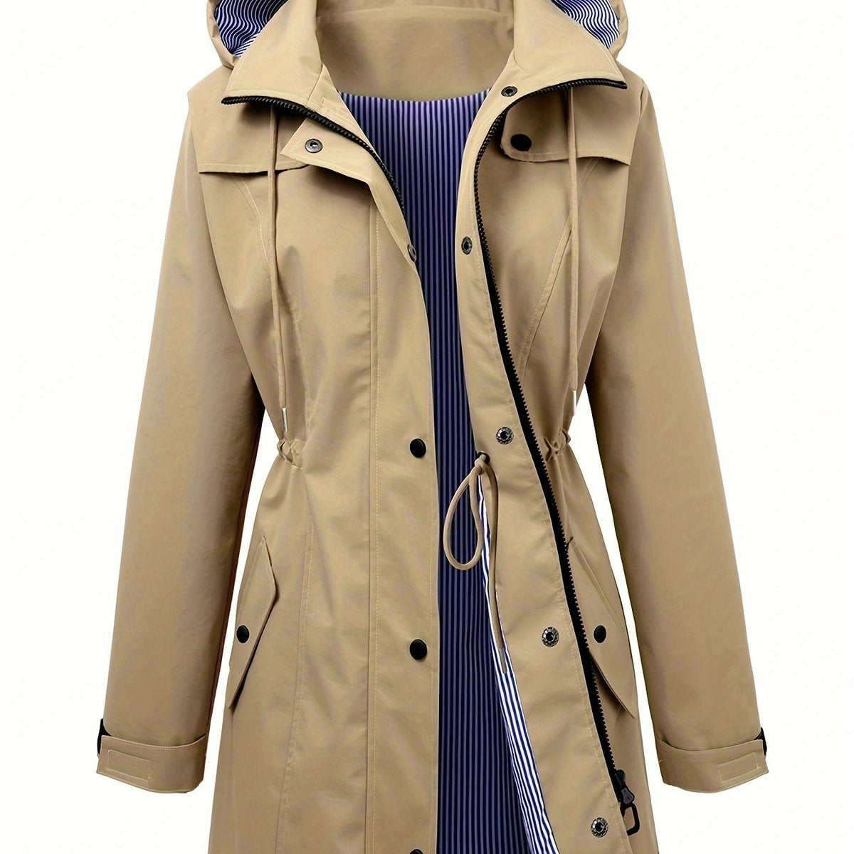 Stylish Hooded Rainwear Jacket for Women with Drawstring Waist Zip Front Long Windbreaker All Weather Style