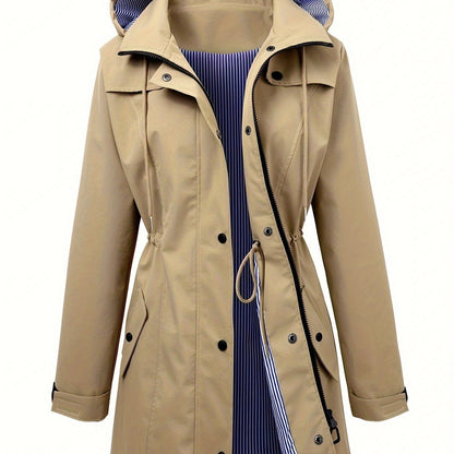 Stylish Hooded Rainwear Jacket for Women with Drawstring Waist Zip Front Long Windbreaker All Weather Style