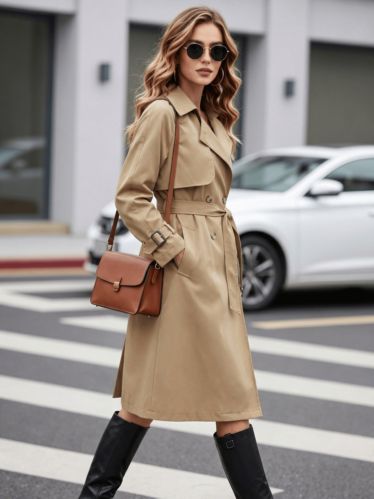 Women's Khaki Belted Double Breasted Trench Coat